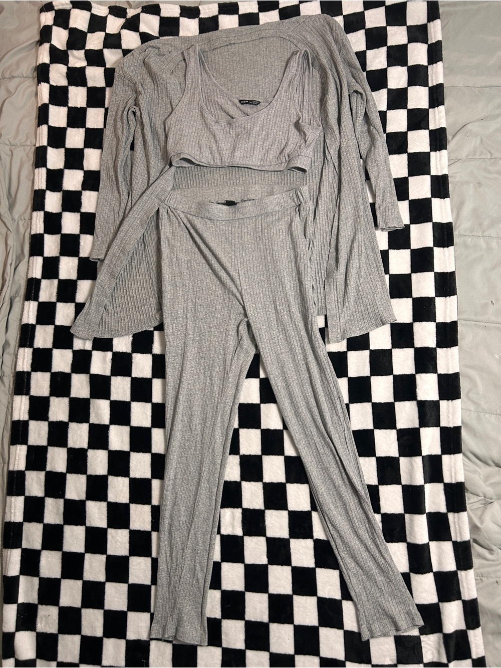 SHEIN Light Gray Ribbed 3-Piece Lounge Set